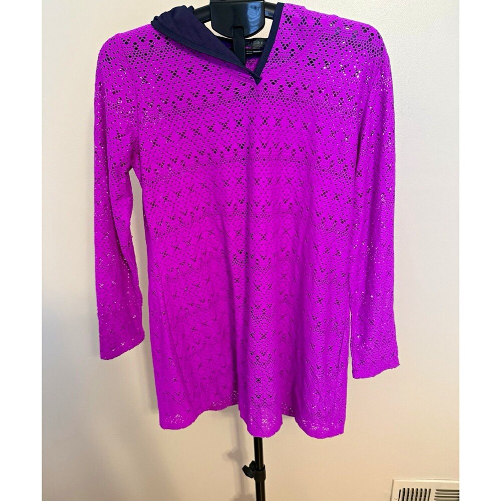 Title Nine Purple Solid Sheer Mesh Lace Cowl Neck Long Sleeve Tunic Top L